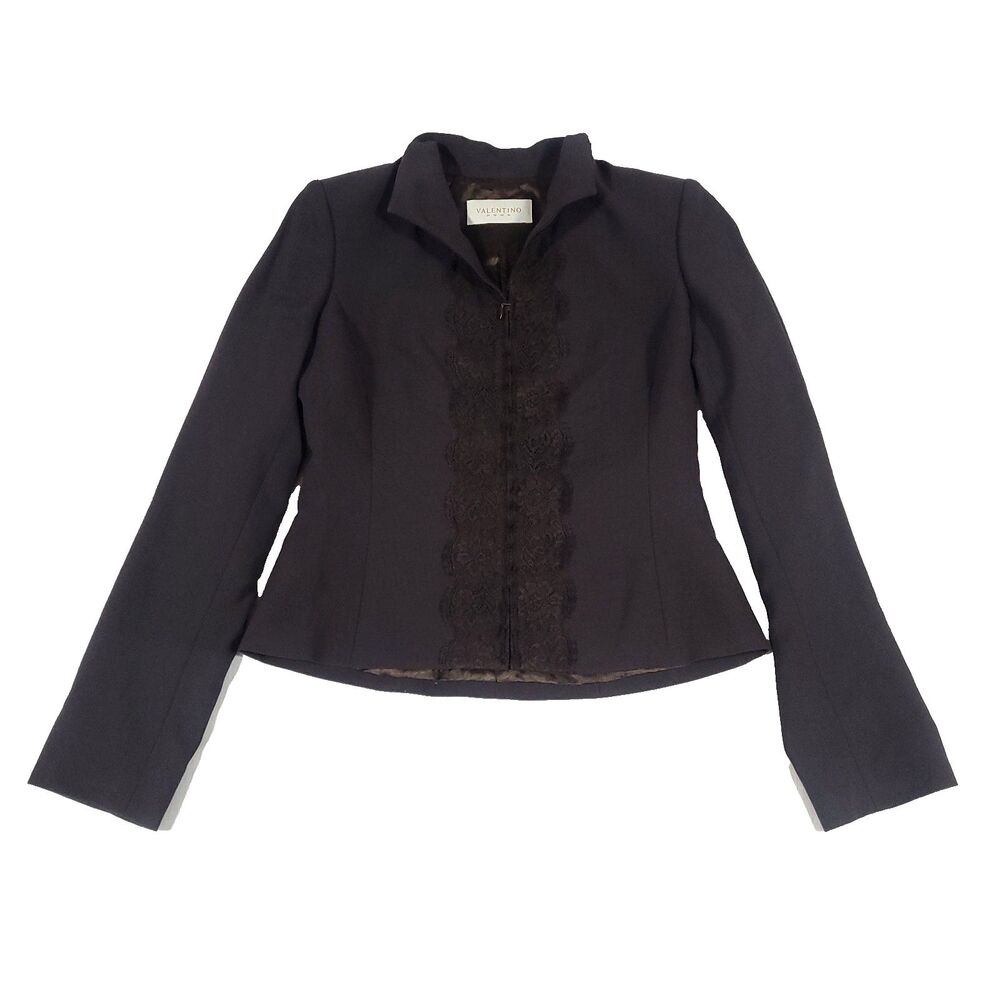Valentino Roma Wool Fitted Lace Blazer 6 Chocolate Brown‎ Italy Quiet Luxury